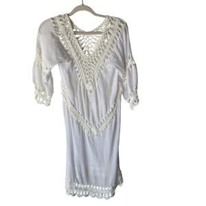 Boho Crochet Dress‎ Womens Small White Sheer 3/4 Sleeve Beach Festival Cover Up